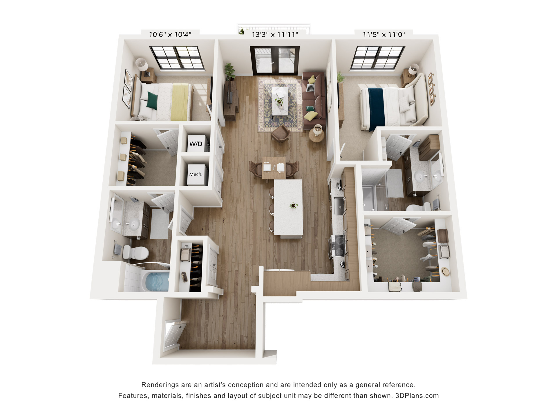 Floor plan for 2 beds, 2 baths, 1171 sqft